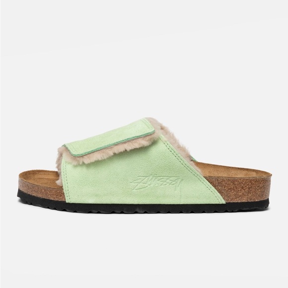 STÜSSY & BIRKENSTOCK SOLANA SHEARLING SLIDE Washed Green - Picture 1 of 6